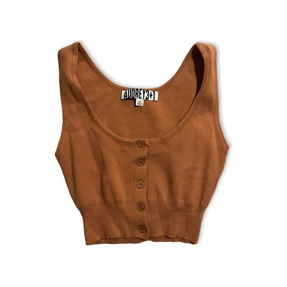 Rust Brown cropped knit sleeveless top with buttons | scoop neck | NWT